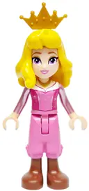 Minifigurka: DP194:  Aurora - Dark Pink Top, Metallic Pink Sleeves, Gold Necklace, Dark Pink Cropped Trousers, Reddish Brown Boots, Yellow Hair, Crown Tiara