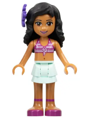 FRND0057A:  Friends Kate - Light Aqua Layered Skirt, Magenta Bikini Top, Dark Purple Flower