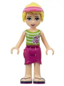 Minifigurka: FRND0058:  Friends Stephanie - Magenta Wrap Skirt, Green Top with White Stripes, Hair with Visor