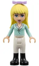 Minifigurka: FRND0068:  Friends Stephanie - Light Aqua Long Sleeve Top with Collar, White Pants, Black Boots, Lavender Bow