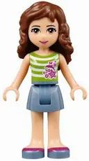 Minifigurka: FRND0073:  Friends Olivia (Light Nougat) - Sand Blue Skirt, Green Top with White Stripes