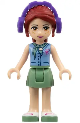 FRND0080:  Friends Mia - Sand Green Skirt, Medium Blue Top with Red Cross Logo and Scarf, Dark Purple Headphones
