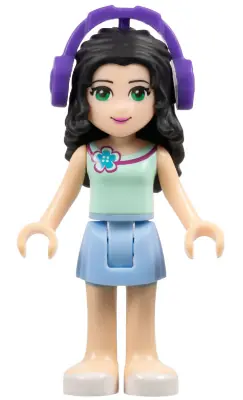 FRND0082:  Friends Emma - Bright Light Blue Skirt, Light Aqua Top with Flower, Dark Purple Headphones