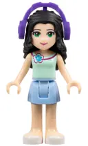 Minifigurka: FRND0082:  Friends Emma - Bright Light Blue Skirt, Light Aqua Top with Flower, Dark Purple Headphones