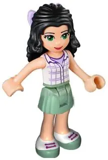 FRND0095:  Friends Emma - Sand Green Skirt, White Plaid Button Shirt, Bow