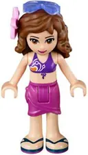 Minifigurka: FRND0100:  Friends Olivia (Light Nougat) - Magenta Wrap Skirt, Dark Purple Bikini Top, Flower, Sunglasses