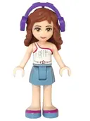Minifigurka: FRND0109:  Friends Olivia (Light Nougat) - Sand Blue Skirt, White One Shoulder Top with Magenta Trim,  Headphones