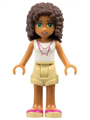 FRND0114:  Friends Andrea - Tan Shorts, White Top with Necklace with Music Notes