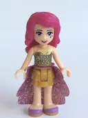 Minifigurka: FRND0120:  Friends Livi - Pearl Gold Layered Skirt, Gold Sequined Halter Top, Medium Lavender Sequined Cloth Skirt