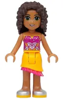 Minifigurka: FRND0122:  Friends Andrea - Bright Light Orange Asymmetric Skirt with Magenta Fringe, Magenta Top with White Geometric Heart