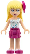 Minifigurka: FRND0125:  Friends Stephanie - Magenta Layered Skirt, White One Shoulder Top with Stars, Bow