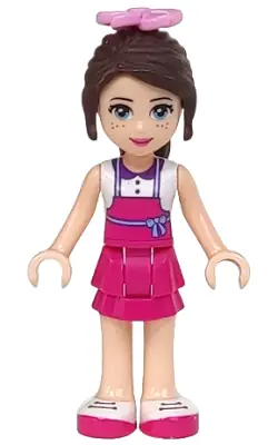 FRND0142:  Friends Naomi (Light Nougat) - White Top with Magenta Apron, Magenta Skirt, Bright Pink Flower