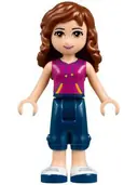 Minifigurka: FRND0144:  Friends Olivia (Light Nougat) - Dark Blue Cropped Trousers, Magenta Top with Yellow and Dark Purple Stripes