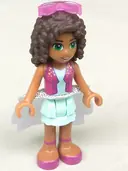 Minifigurka: FRND0145:  Friends Andrea - Light Aqua Layered Skirt, Magenta Vest Top, White Sequined Cloth Skirt, Sunglasses