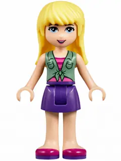 FRND0148:  Friends Stephanie - Dark Purple Skirt, Sand Green Knotted Blouse Top over Magenta and Pink Striped Shirt
