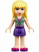 Minifigurka: FRND0148:  Friends Stephanie - Dark Purple Skirt, Sand Green Knotted Blouse Top over Magenta and Pink Striped Shirt