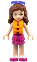 Minifigurka: FRND0151:  Friends Olivia (Light Nougat) - Magenta Layered Skirt, Sand Green Knotted Blouse Top over Magenta and Pink Striped Shirt, Life Jacket, Sunglasses