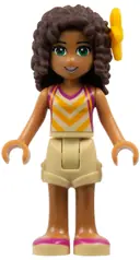 Minifigurka: FRND0152:  Friends Andrea - Tan Shorts, Tan Top with Bright Light Orange Chevron Stripes, Bright Light Orange Flower