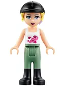 Minifigurka: FRND0157:  Friends Stephanie - Sand Green Riding Pants, Black Riding Helmet, Lavender Bow, White Top with Stars