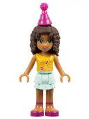 Minifigurka: FRND0165:  Friends Andrea - Light Aqua Layered Skirt, Bright Light Orange Top with Music Notes, Magenta Party Hat