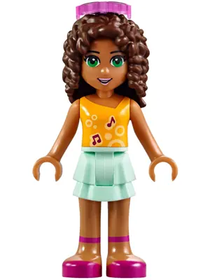 FRND0173:  Friends Andrea - Light Aqua Layered Skirt, Bright Light Orange Top with Music Notes, Trans-Dark Pink Glasses