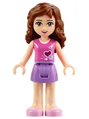 Minifigurka: FRND0175:  Friends Olivia (Light Nougat) - Medium Lavender Skirt, Dark Pink Top with Hearts and White Undershirt