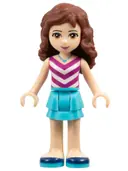 Minifigurka: FRND0179:  Friends Olivia (Light Nougat) - Medium Azure Layered Skirt, Magenta and White V-Striped Top and Medium Azure Necklace