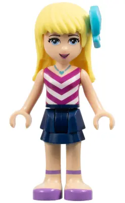 FRND0184:  Friends Stephanie - Dark Blue Layered Skirt, Magenta and White V-Striped Top, Medium Azure Bow