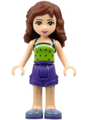 FRND0187:  Friends Olivia (Light Nougat) - Dark Purple Shorts, Lime Halter Top with Dark Green Spots Pattern