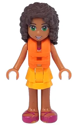 FRND0205:  Friends Andrea - Bright Light Orange Layered Skirt, Tan Top with Bright Light Orange Chevron Stripes, Life Jacket