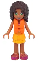 Minifigurka: FRND0205:  Friends Andrea - Bright Light Orange Layered Skirt, Tan Top with Bright Light Orange Chevron Stripes, Life Jacket