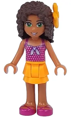 FRND0208:  Friends Andrea - Bright Light Orange Layered Skirt, Magenta Top with White Polka Dots and Bow, Bright Light Orange Flower
