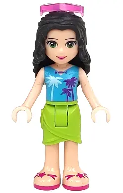 FRND0209:  Friends Emma - Lime Wrap Skirt, Medium Azure Top with Palm Tree Pattern, Trans-Dark Pink Sunglasses