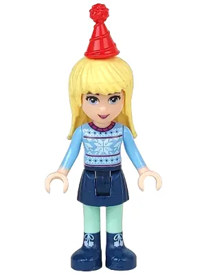 FRND0225:  Friends Stephanie - Dark Blue Skirt, Bright Light Blue Fair Isle Sweater with Snowflakes Pattern, Red Christmas Hat