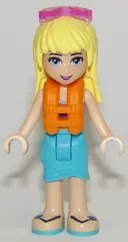 Minifigurka: FRND0229:  Friends Stephanie - Medium Azure Wrap Skirt, Dark Purple Top with Stars, Life Jacket, Sunglasses