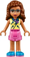 Minifigurka: FRND0241:  Friends Olivia (Nougat) - Bright Light Yellow Vest over Dark Azure Shirt and Dark Pink Tie, Dark Pink Shorts