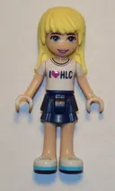 Minifigurka: FRND0250:  Friends Stephanie - Dark Blue Layered Skirt, White T-Shirt with 'I Heart HLC' Pattern