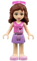 Minifigurka: FRND0257:  Friends Olivia (Light Nougat) - Medium Lavender Skirt, Dark Pink Top with Hearts and White Undershirt, Trans-Dark Pink Sunglasses