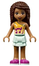 Minifigurka: FRND0260:  Friends Andrea - Light Aqua Layered Skirt, Bright Light Orange Top with Winged Music Notes