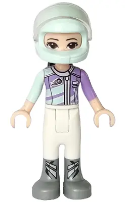 FRND0261:  Friends Emma - White Trousers, Light Aqua and Medium Lavender Racing Jacket, Light Aqua Racing Helmet with Black Ponytail