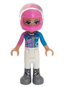 Minifigurka: FRND0268:  Friends Olivia (Nougat) - White Trousers, Dark Pink and Dark Azure Racing Jacket, Dark Pink Racing Helmet with Reddish Brown Ponytail