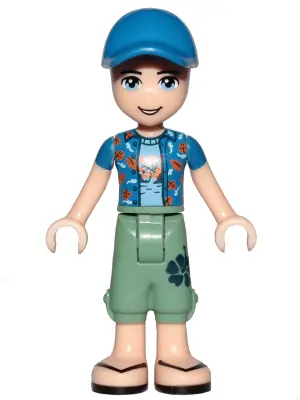 FRND0272:  Friends Zack - Sand Green Cropped Trousers, Blue Shirt over Medium Blue T-Shirt, Blue Cap with Hole