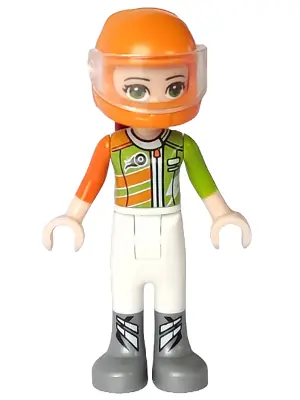 FRND0273:  Friends Mia - White Trousers, Lime and Orange Racing Jacket, Orange Racing Helmet with Dark Red Ponytail