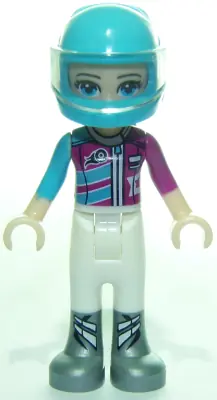 FRND0277:  Friends Stephanie - White Trousers, Medium Azure and Magenta Racing Jacket, Helmet