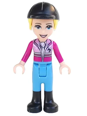 FRND0285:  Friends Stephanie - Bright Pink and Magenta Jacket with Horse Head Logo, Medium Blue Pants, Black Boots, Black Riding Helmet with Bright Light Yellow Ponytail