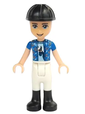 FRND0286:  Friends Zack - White Riding Pants, Blue Shirt over Medium Blue T-Shirt, Black Construction Helmet