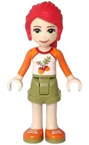 Minifigurka: FRND0289:  Friends Mia - Olive Green Shorts, White Top with Orange Sleeves and Acorns