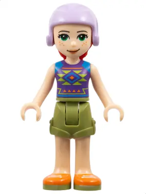 FRND0291:  Friends Mia - Olive Green Shorts, Dark Purple Top with Diamonds and Triangles, Lavender Ski Helmet with Red Hair
