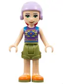 Minifigurka: FRND0291:  Friends Mia - Olive Green Shorts, Dark Purple Top with Diamonds and Triangles, Lavender Ski Helmet with Red Hair