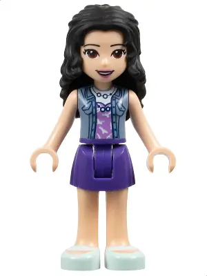 FRND0294:  Friends Emma - Dark Purple Skirt, Medium Lavender Top with White Birds, Sand Blue Vest